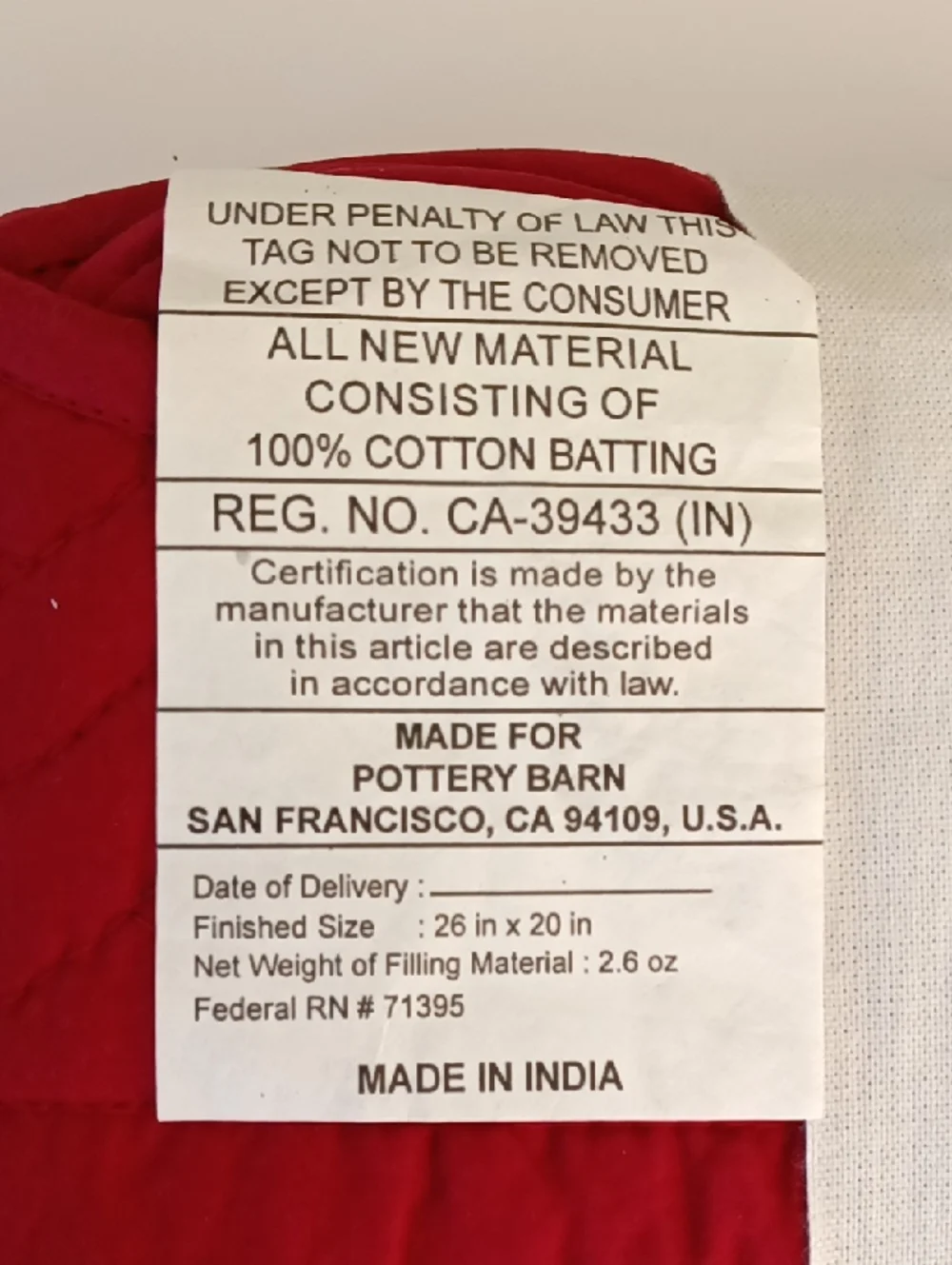 NWT Pottery Barn Heirloom Scallop Quilted Standard Sham Red Cotton